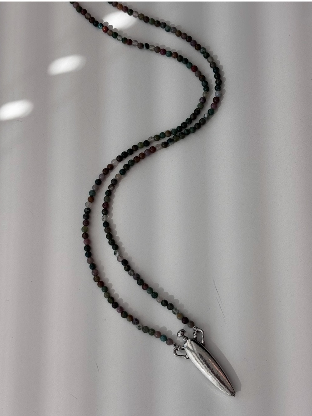Silver Tone Perfume Bottle Indian Agate Stone Strand Necklace